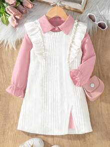 2pcs/Set Young Girls Pink Long Sleeve Shirt Dress & White Ribbed Camisole Dress, Adorable Ruffle Design, Convenient Side Slit - Pink - View 3