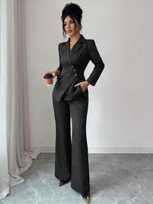 Elenzga Women's Striped Asymmetric Lapel Single Pocket Design Waist Cinched Elegant Professional Blazer And Loose Flared Pants Two Pieces Suit, Suitable For Work, Teacher Outfit, Autumn/Winter - Black - View 4