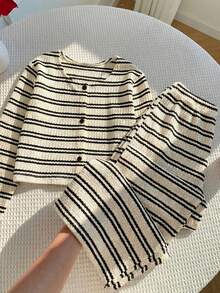 Tween Girl' Children's Spring And Autumn Hoodie Jacket Two Pieces Set Knitted Striped Short Long Sleeved Casual Versatile Commuting Button Closure Texture Daily Wear Long Pants - Apricot - View 1