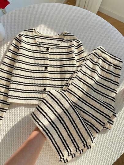 Tween Girl' Children's Spring And Autumn Hoodie Jacket Two Pieces Set Knitted Striped Short Long Sleeved Casual Versatile Commuting Button Closure Texture Daily Wear Long Pants