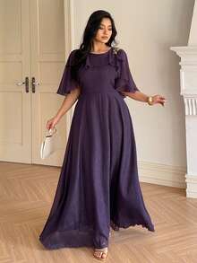 Dazy Plus Elegant Purple Long Chiffon & Contrast Lace Cinched Waist Dress, Shawl Collar, Spring/Summer - Violet Purple - View 8