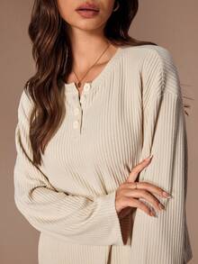 Lazeform Women's Casual Fuzzy Knit Crew Neck Button-Up Long Sleeve Pants Loungewear Set Cozy Sets Women 2 Piece Lounge Sets Woman Lounge Wear Women Set Long Sleeve Lounge Set - Apricot - View 7