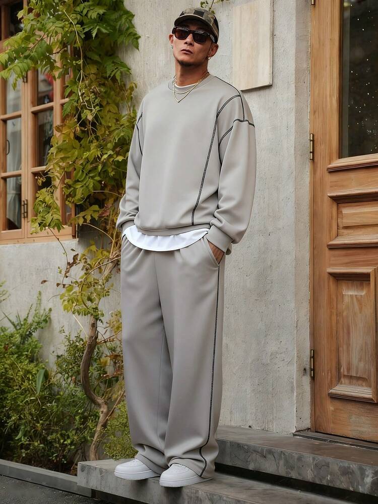 Men's Solid Color Decorative Striped Beige Pullover Sweatshirt Set, Spring/Autumn