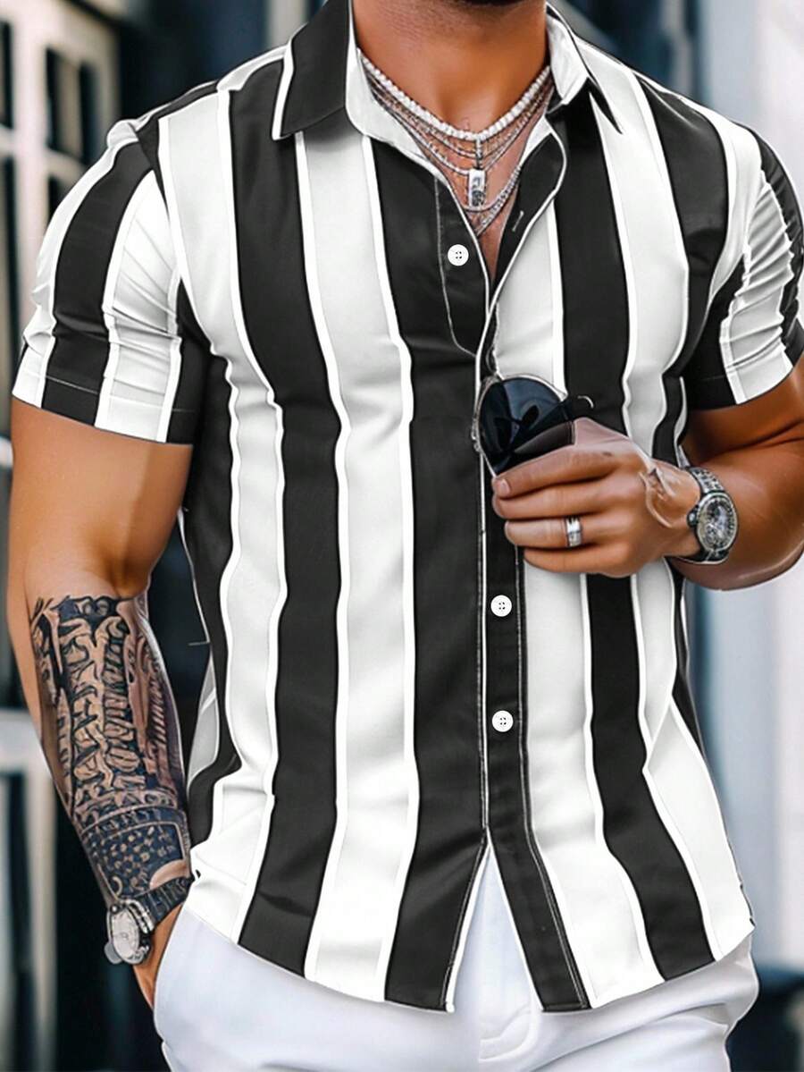 Manfinity Homme Áo sơ mi nam tay ngắn kẻ sọc cài một hàng khuy, áo sơ mi nam công sở/thường ngày, áo sơ mi nam đi nghỉ mát, áo sơ mi nam kẻ sọc cài nút, áo sơ mi nam đen trắng, áo sơ mi nam đen trắng kẻ sọc, áo sơ mi tay ngắn kẻ sọc, áo sơ mi nam mùa hè, áo sơ mi nam đi nghỉ mát, trang phục câu lạc bộ nam, trang phục đen trắng, trang phục đi nghỉ mát cho nam giới, trang phục dành cho người giàu có, trang phục hàng ngày, du lịch, công sở, quà tặng bạn trai/chồng, quà kỷ niệm/sinh nhật, quà tặng tiệc tùng, kỳ nghỉ hè, lễ hội, năm mới, đám cưới, ngày lễ tình nhân. - Đen và trắng - Xem 1