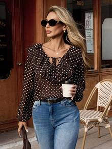 Pariaura Blouse en mousseline de soie à pois vintage pour femmes avec col en V volant, manches lanternes et nœud'] - Tabac - Voir 3