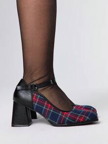 ROMWE Kawaii 女士时尚百搭通勤优雅格纹高跟鞋 - 黑色 - 查看 4