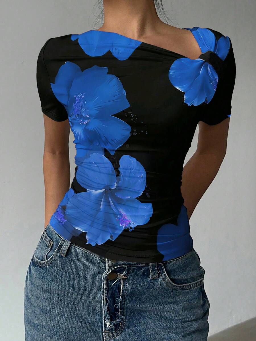 Siren Gaze 女士休闲优雅不对称领口褶皱修身短袖T恤，适合夏季穿着 - 黑色 - 查看 1