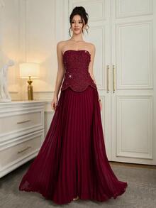 Poshira Women's Elegant Pearl Decor Strapless Formal Evening Gown Burgundy Formal Dress Maroon Formal Dress Wine Red Dress Elegant Evening Dress Strapless Formal Dress Valentines Dress Elegant Dress Sequin Dress Pink Red Dress Floral Dress Carnival  Graduation Ceremony, School Opening, Music Festival, Birthday Party, Wedding, Afternoon Tea Gathering, Ball - Burgundy - View 7