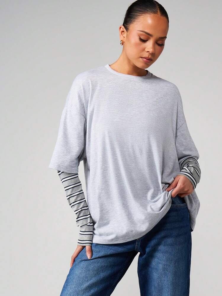 MISSGUIDED Camiseta Casual de Manga Longa com Gola Careca e Mangas Listradas em Algodão Mescla para Outono e Inverno, Modelo Oversized e Camadas
