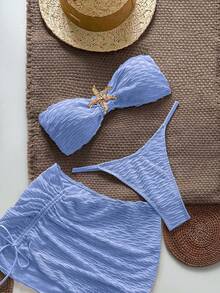 Swim Vcay Women's Summer Beach Textured Halter Bikini & Starfish Swimsuit 3pcs Set, Sexy - Blue - View 1