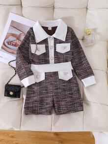 SHEIN Elladie kids 女童可爱黑白长袖假口袋设计外套搭配舒适运动短裤，秋冬套装 - 粉色 - 查看 3
