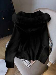 GlowEve CURVE 大码优雅温柔秋冬奶油色蓬松连帽针织开衫，毛茸茸的帽檐增添甜美气息，拉链设计简约大方，轻松打造温暖慵懒的秋冬氛围。 - 黑色 - 查看 2