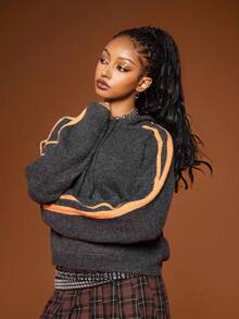 COUREZ 超大针织连帽衫，侧边条纹 / Y2K 秋冬女装，舒适秋冬女装，女士卫衣，新年毛衣，休闲家居服 - 深灰色 - 查看 4