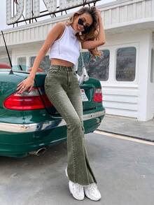 SHEIN LUNE High-Rise Raw Hem Slant Pocket Casual Flare Jeans - Green - View 5