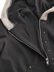 Bloopia 女士Y2K休闲日常通勤时尚哥特风半拉链连帽抓绒卫衣，秋冬款 - 深灰色 - 查看 8