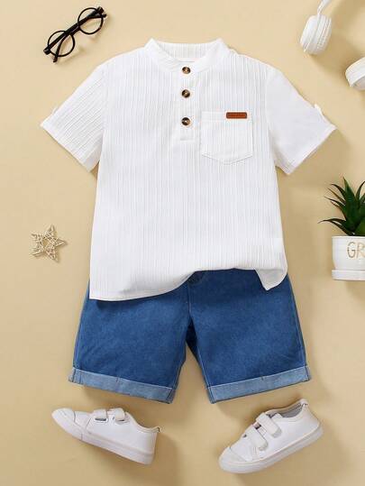 Souflis Souflis 2pcs/Set School Young Boy Outfit, Includes White Collared Short Sleeve Shirt With Brown Buttons & Chest Pockets, And Blue Cuffed Denim Shorts. Casual And Comfortable Outfit For Everyday Wear