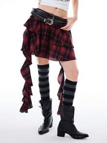 Bloopia Women's Plaid Print Ruffle Hem Retro Skirt - Red - View 3