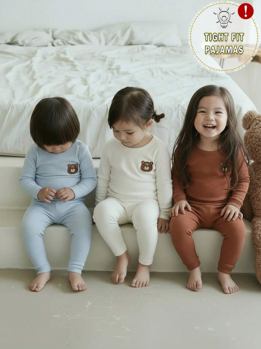 SHEIN 6pcs/Set Toddler Boys' Solid Color Crew Neck Bear Embroidery Long Sleeve Top And Pants Casual Sleepwear Set, Snug Fit, Brown, Blue, Beige Baby Nutrual Color Clothes Baby Bear Clothes Neutral Baby Clothes Unisex