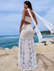 Opulessa 女士度假纯色针织蕾丝修身镂空开衩连衣裙 - 白色 - 查看 2