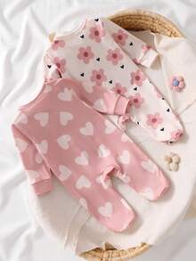 2pcs/Set Newborn Ditsy Floral Soft & Comfortable Footed Pajamas, Long Sleeve - Pink - View 2