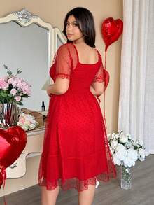 Vionelle Plus Size Red Polka Dot Mesh Overlay Midi Dress,Cute Summer Satin Party Dress For Valentine's Day - Red - View 2