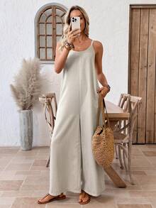 EMERY ROSE Women's Vacation Solid Color Pocketed Wide Leg Loose Casual Jumpsuit Summer Outfits Vacation Outfits Women Jumpsuits For Women - Apricot - View 4