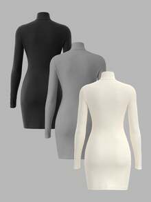SHEIN BASICS 3件套纯色针织长袖修身高领迷你连衣裙（女款） - 黑色 - 查看 2