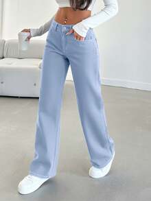 100% Baumwolle einfarbige Jeans mit schräger Tasche und geradem Bein - Mittele Waschung - Übersicht 3