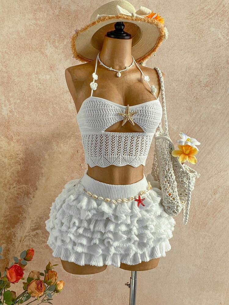 Conjunto de 2 peças Soleia para Férias: Top de Alça Trançada de Malha e Vestido Mini com Babados Sobrepostos, Adequado para Praia, Beira-mar, Férias Românticas, Encontros Sexy, Férias na Praia, Encontros em Feriados, Chá da Tarde, Temporada de Casamentos, Festa, Férias de Cruzeiro à Beira-mar, Férias na Cidade, Férias Boho, Festival de Música, Hippie, Estilo Ocidental - Branco - Visão 8