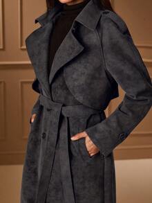 Lilora 女士复古高端极简羊毛混纺风衣，收腰中长款羊毛大衣，冬季必备 - 黑色 - 查看 7