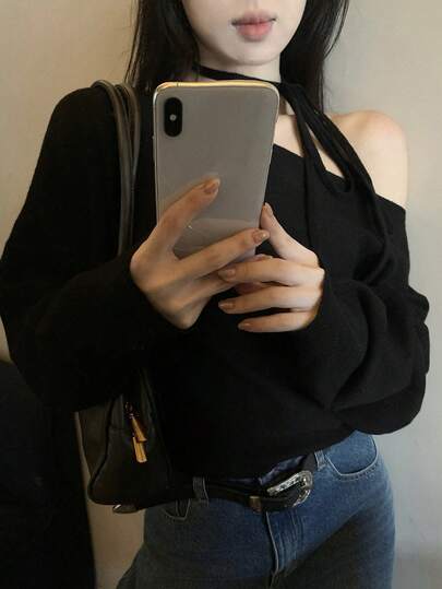 DAZY Casual Asymmetric Cold-Shoulder Loose Tie-Up Long Sleeve Sweater For Women, French Chic Style