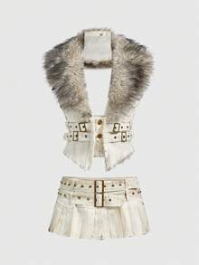 ROMWE Avant 2pcs/Set Distressed Rivet Waist Belt & Mini Pleated Skirt Vest Outfit For Women
