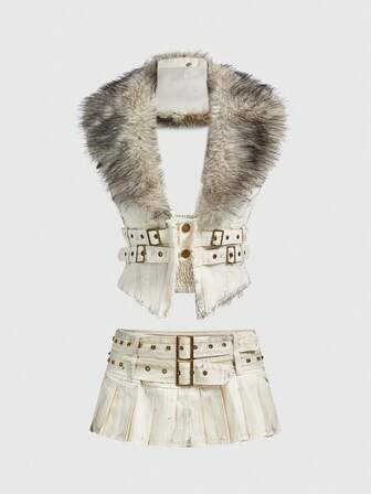 ROMWE Avant 2pcs/Set Distressed Rivet Waist Belt & Mini Pleated Skirt Vest Outfit For Women
