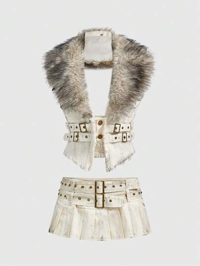 ROMWE Avant 2pcs/Set Distressed Rivet Waist Belt & Mini Pleated Skirt Vest Outfit For Women