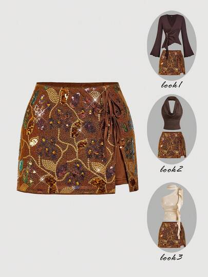 SHEIN MOD Falda con cordones de cintura baja con lentejuelas, estilo real vintage, retro de los 70, Y2K, perfecta para una cita, fiesta, evento real, festival y uso en cumpleaños