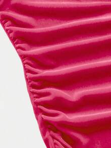 SHEIN 少女纯色V领无袖褶皱腰身天鹅绒优雅派对连衣裙，修身美人鱼吊带连衣裙，适合圣诞派对 - 玫紅色 - 查看 4