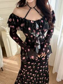 Feyla Women's Elegant Floral Print Off Shoulder Tie-Front Ruffle Sleeve Maxi Dress, Vacation Style, Spring/Summer/Autumn - Black - View 4