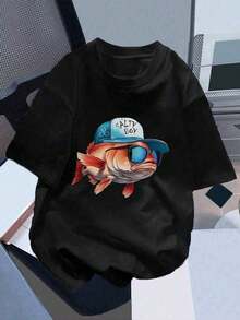 Camisetas impresas para niños de 4 a 16 años para niños y niñas One Boys Black Short Sleeve features a cool Salty Boy fish graphic with cap and sunglasses print  fabric offers Light touch Super Soft and Breathable functions Casual playful style fits perfectly for daily wear beach outings outdoor play weekend hangouts family trips and comfortable everyday use for  boys who love fun animal inspired designs - Negro - Ver 1