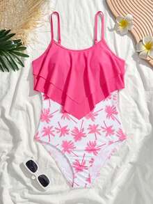 SHEIN Teen Girl Ruched Ruffled Trim Minimalist Comfortable One-Piece Swimsuit - Pink - View 7