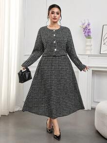Modelyn Ensemble 2 pièces grande taille pour femmes : veste décontractée à manches longues avec boutons devant et jupe - Noir et Blanc - Voir 6