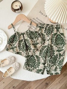 SHEIN 女婴休闲度假印花吊带背心和松紧腰裤套装 - 彩色 - 查看 7