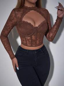 Glamine Women Floral Lace Cutout Long Sleeve Cropped Fitted Fashion Blouse Fall Cloth For Women - Brown - View 4