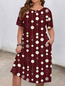 Mellowie Đầm dáng rộng cổ tròn in họa tiết dành cho nữ cỡ lớn, thích hợp cho kỳ nghỉ và tiệc tùng. - Màu Đỏ Sâu - Xem 5