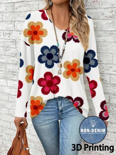 EMERY ROSE Camiseta gráfica de mujer con cuello en V y hombros caídos, casual y minimalista, adecuada para otoño/invierno, parte superior floral con impresión 3D, casual