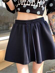 DAZY Women's Loose Drawstring Waist Casual Sports Shorts, Solid Color, Spring/Autumn - Navy Blue - View 5