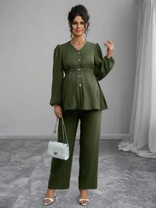Momance 2pcs Maternity Set: Shirred Long Sleeve Cardigan With Button Front, Waist Pleated Design; Loose Fit Maternity Pants - Green - View 6