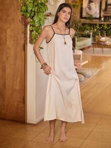 Lullawish 女士波西米亚风休闲宽松撞色吊带露背抽绳镂空编织连衣裙，居家休闲装 - 杏色 - 查看 3