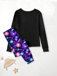 2pcs/Set Boys' Cartoon Astronaut & Rocket Print Black Top Paired With Planet & Galaxy Glow-In-The-Dark Leggings, Knit Stretchy Soft Comfortable Sleepwear - Multicolor - View 2