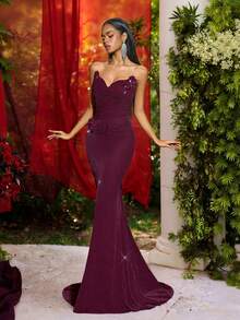 Glamrae 优雅简约针织露肩猫领褶裥内衬塑形紧身胸衣及腰部，3D手工人造花卉鱼尾裙摆，适合节日、婚礼、晚宴、音乐会、商务活动、社交媒体达人正式场合穿着。 - 酒紅色 - 查看 8