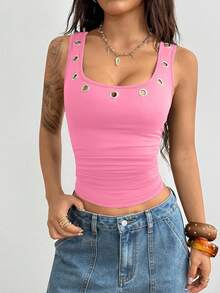 StreetHx 街头风女款朋克金属风黑色无袖铆钉装饰休闲背心 - 粉色 - 查看 3